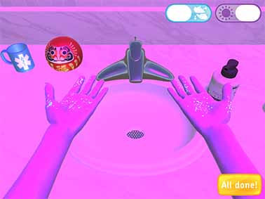 Ultraviolet illumination in the game turns the world purple. More importantly, it allows the player to see which areas of the hands still need to be cleaned, because germs show up as fluorescent dots.