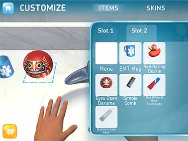 This screenshot of the Customize screen for Bubble Beats shows several items in the players inventory (an Emergency Medical Technician's coffee mug, a red racing rubber duck, a daruma, and others). These items may be placed in the game to customize the game environment.