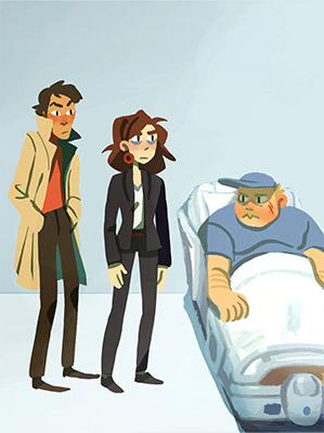 Detectives Ben Romero and Luz Montoya stand next to Eric Turnipseed, who was hospitalized after the crash.