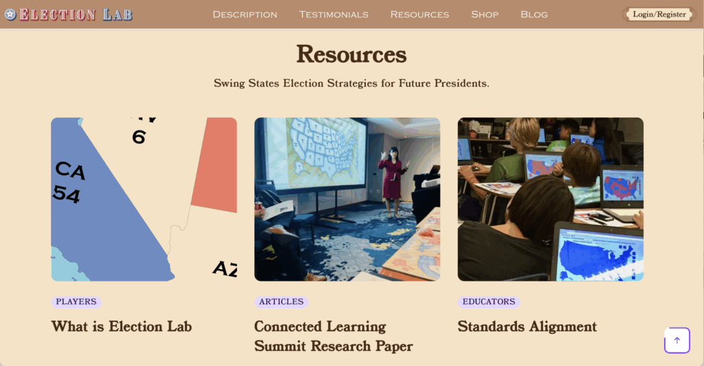 Screenshot 2025-10-23 at 15802 PM - Indelible Learning Election Lab website Resources page featuring sections for players, articles, and educators, with images of a U.S. map